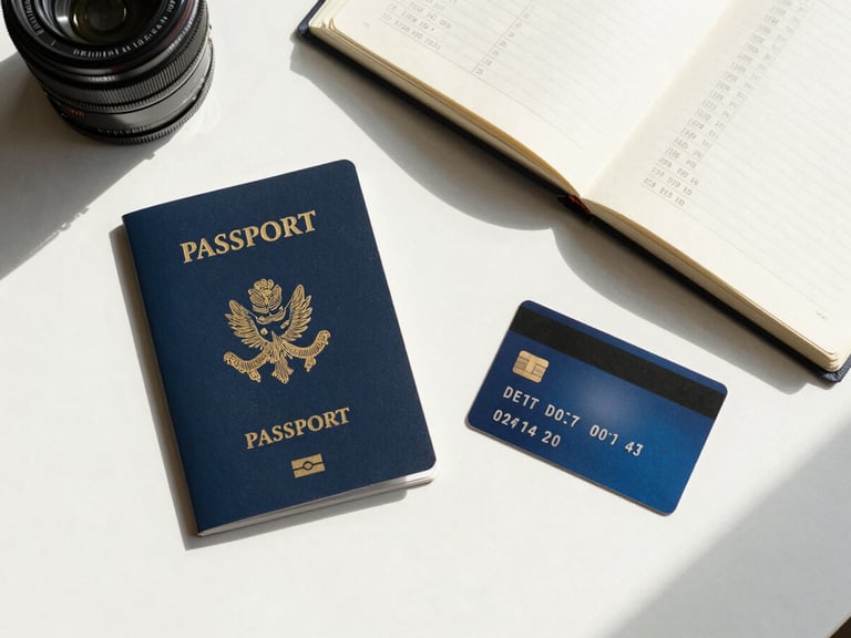 A clean, modern desk with a passport, an open notebook showing tabular data, and a sleek dark blue debit card, shot from a top-down flat lay perspective under bright natural daylight.