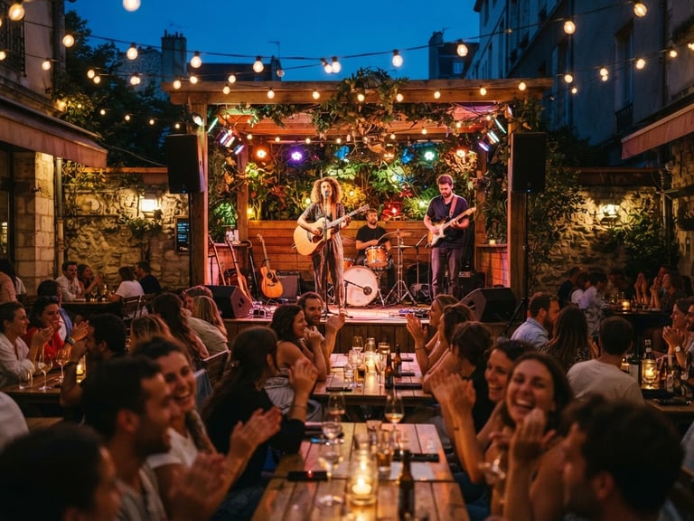 Wide-angle editorial photograph of a vibrant outdoor restaurant stage at dusk, musicians performing under warm glowing festoon lights, energetic crowd, shallow depth of field, 35mm