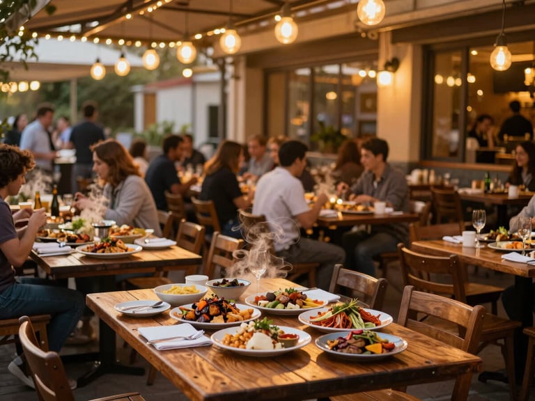 Wide environmental shot of a bustling outdoor restaurant terrace at golden hour, large wooden tables filled with steaming multi-cuisine platters, glowing lights overhead