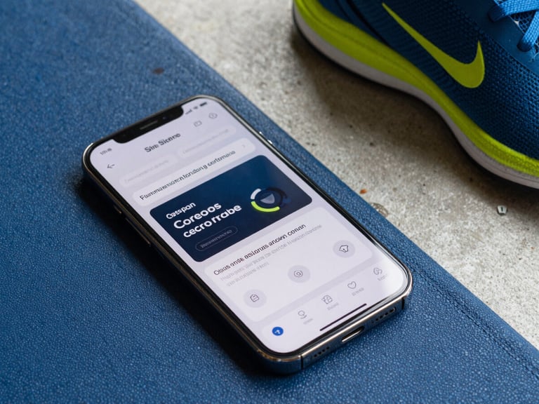 Primer plano de una pantalla de smartphone que muestra un flujo de automatización de correos electrónicos, con equipamiento deportivo elegante de fondo, iluminación natural de alto contraste.