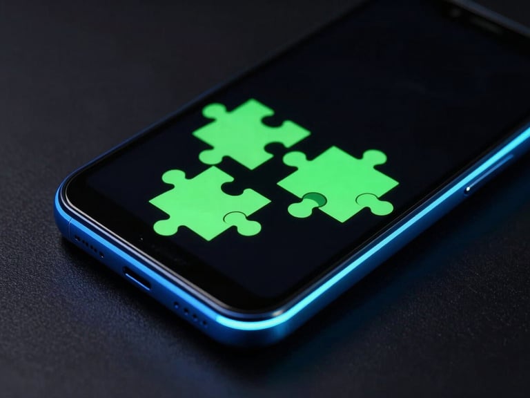 Sleek tech photography of a physical Android phone lying on a dark surface, displaying a minimalist neon green vector puzzle game, neon blue rim lighting, high contrast macro shot.