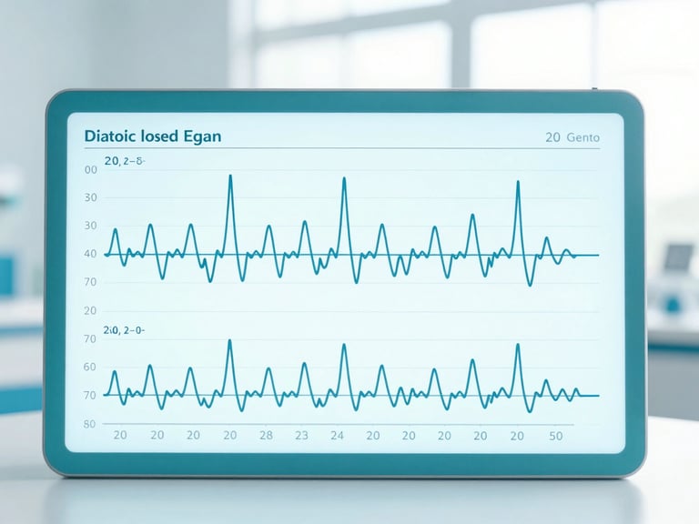 A clean, high-contrast digital medical chart displaying systolic and diastolic blood pressure trends over a thirty-day period, sharp lines, clinical slate blue and teal tones, bright indirect daylight.