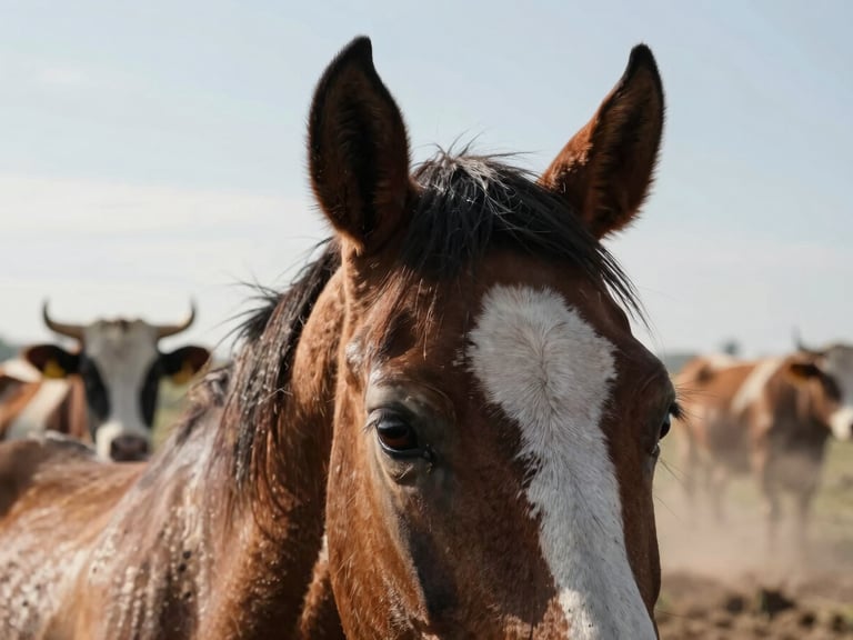 Close-up of a horse's eye and alert ears locked onto a cow, dust kicked up in the background, high-contrast midday sun highlighting muscle definition.