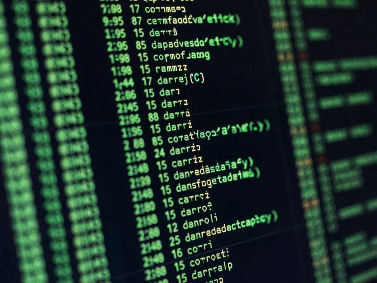 Macro close-up of high-contrast green terminal code displaying complex stochastic matrix calculations on a dark screen, sharp focus, 35mm lens