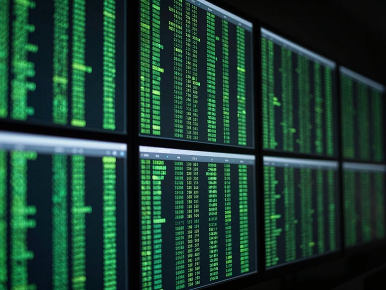 Dark technical photography of high-contrast green data streams on glass screens, low-key cool-toned lighting, sharp focus, 35mm lens
