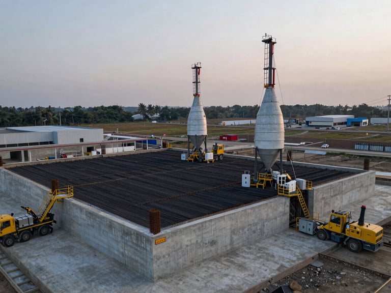 Wide-angle aerial shot of a massive concrete foundation pour at dawn, active concrete mixers, steel rebar grid visible, overcast sky, heavy industrial footprint.
