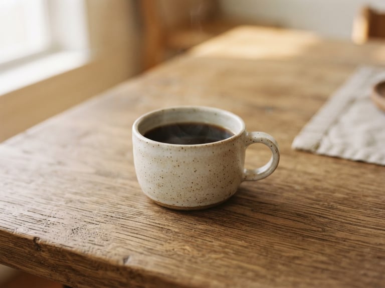 A serene close-up of a ceramic coffee cup resting on a textured natural oak table, soft morning daylight casting gentle shadows, minimalist Japandi aesthetic, 35mm film style