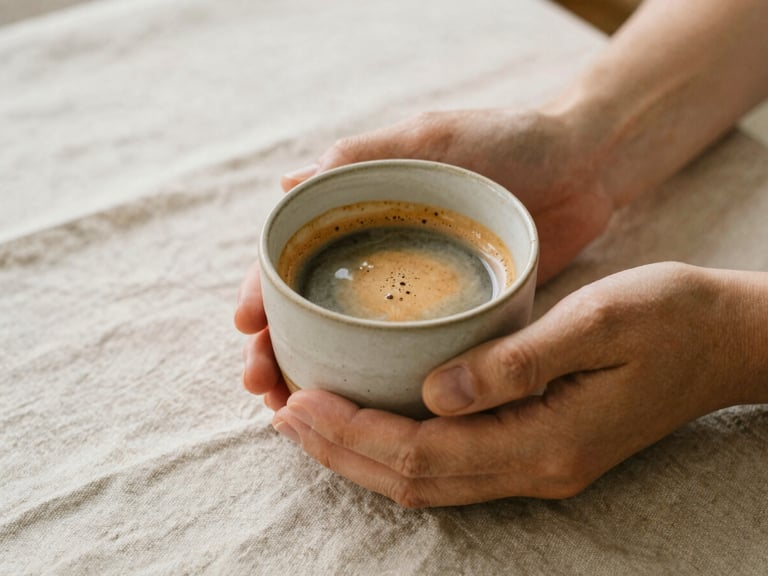 Hands holding a textured ceramic cup filled with warm filter coffee, soft diffused morning daylight, natural linen tablecloth, warm editorial photography
