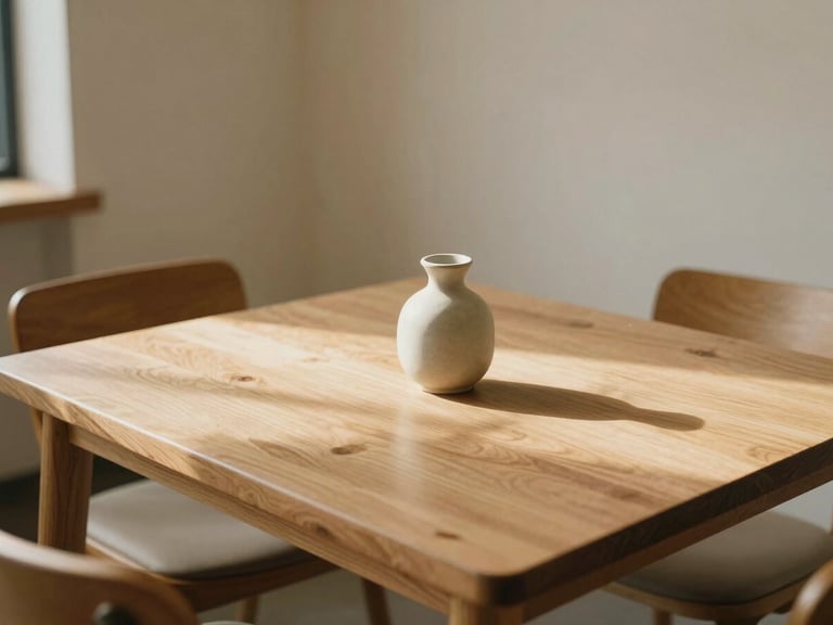 An empty serene corner of the cafe with a natural oak table, a single ceramic vase, soft morning shadows, minimal Japandi design, warm editorial photography