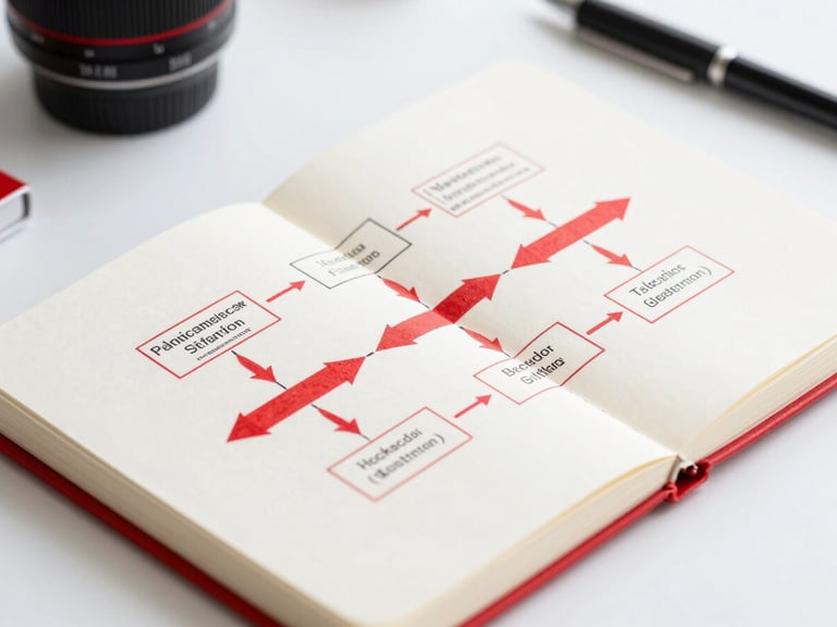 Close-up of a tactical plan on a notebook, featuring a user flow diagram with red arrows, clean modern workspace, bright high-key studio lighting, high-contrast red and white accents, sharp focus, 35mm lens.