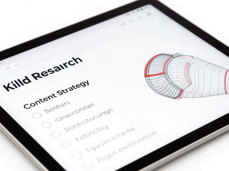 Close-up of a wireframe on a tablet, showing keyword research and content strategy, clean modern workspace, bright high-key studio lighting, high-contrast red and white accents, sharp focus, 35mm lens.