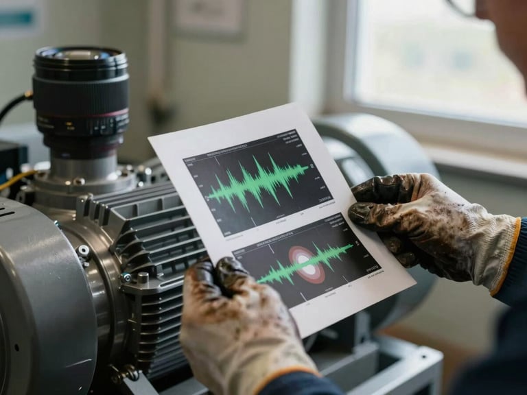 Close-up of a technician's hands holding a vibration analysis printout over a running motor, natural window light from the side, grease-stained gloves, blurred machinery in background
