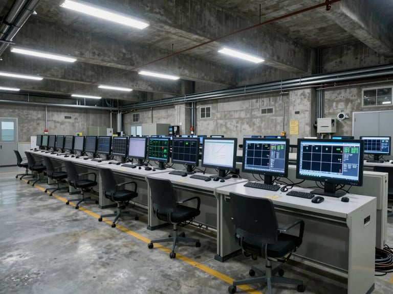 Wide shot of industrial plant floor monitoring station, multiple sensor readout screens active during night shift, hard fluorescent overhead light, cables and conduit visible on concrete walls
