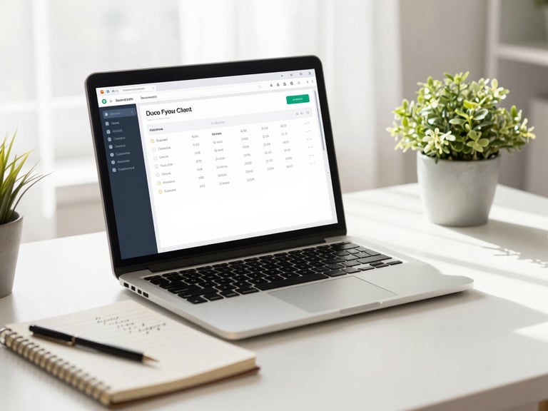 A bright, clean home office desk with a laptop displaying a modern secure client dashboard, a notebook with clear handwriting, and a soft green plant, diffused morning window light.