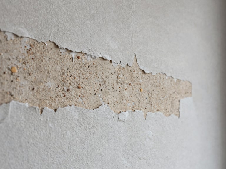 Extreme close-up of a wall surface mid-preparation, layers of old paint being sanded away under soft overcast daylight, visible grain and mineral depth in the plaster, no people