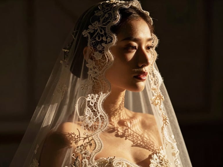 Portrait close-up, dramatic high-contrast side lighting, bridal portrait with an elegant lace veil casting delicate shadows.