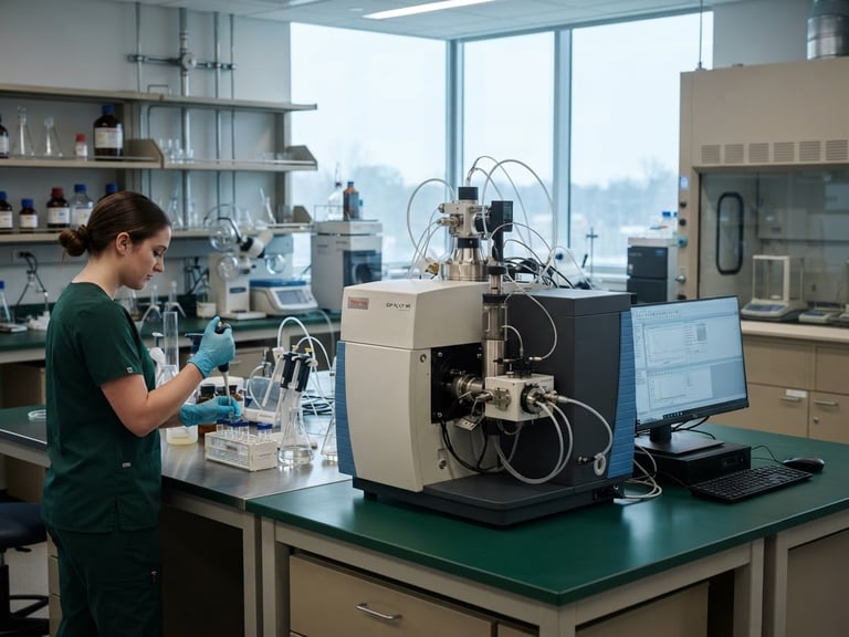 A clean, modern scientific laboratory with high-precision environmental testing equipment under cool, diffused overcast daylight, focusing on a spectrometer.