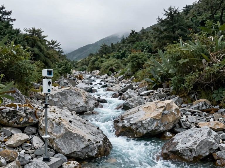 A high-altitude glacial stream flowing through sharp gray rocks under diffused overcast sky, cool tones, scientific monitoring equipment visible