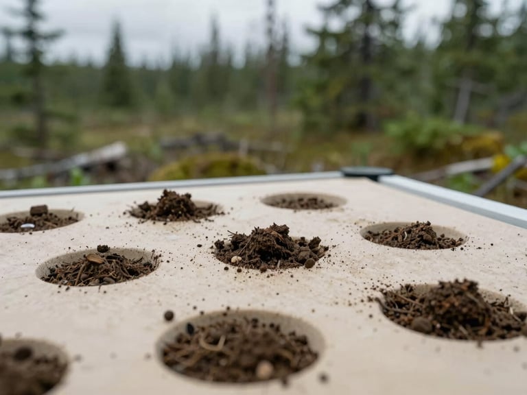 Close-up of a scientific instrument measuring soil core samples in an overcast subarctic field, crisp editorial photography, cool diffused daylight