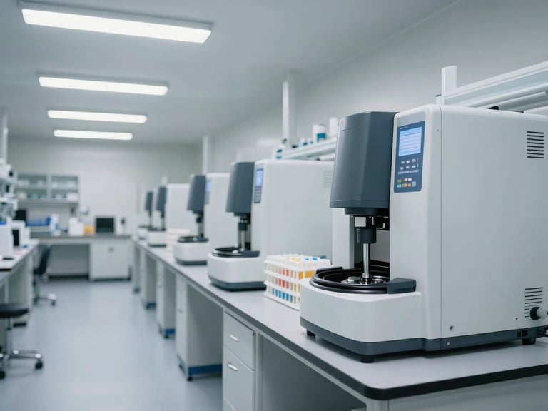 Wide shot of an immaculate clinical laboratory workspace, centrifuge and automated analyzer on the right, specimen racks in organized rows, bright fluorescent overhead light, no staff visible, steel and white surfaces