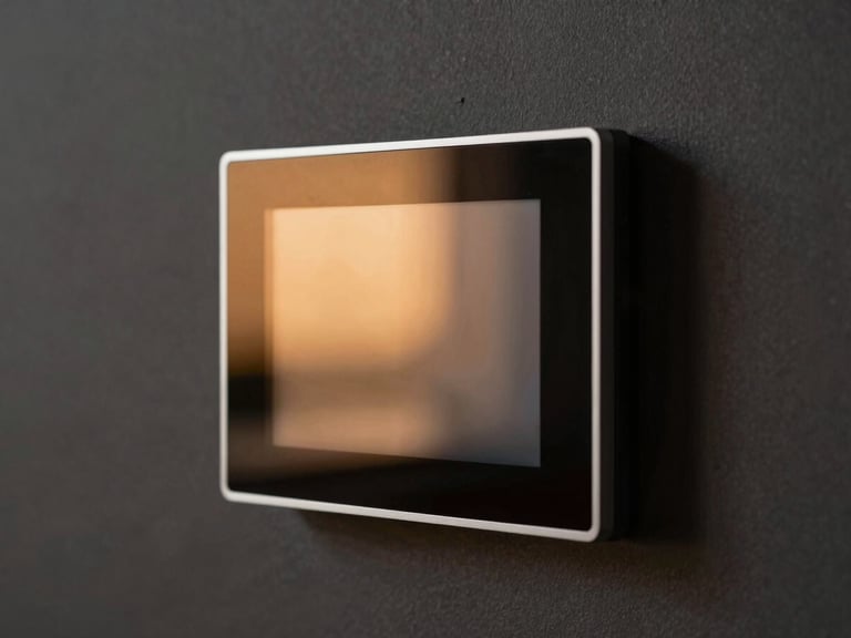 Macro close-up of a flush-mounted smart home control screen on a dark matte wall, reflecting warm amber ambient lighting from a minimalist modern interior, clean architectural alignment.