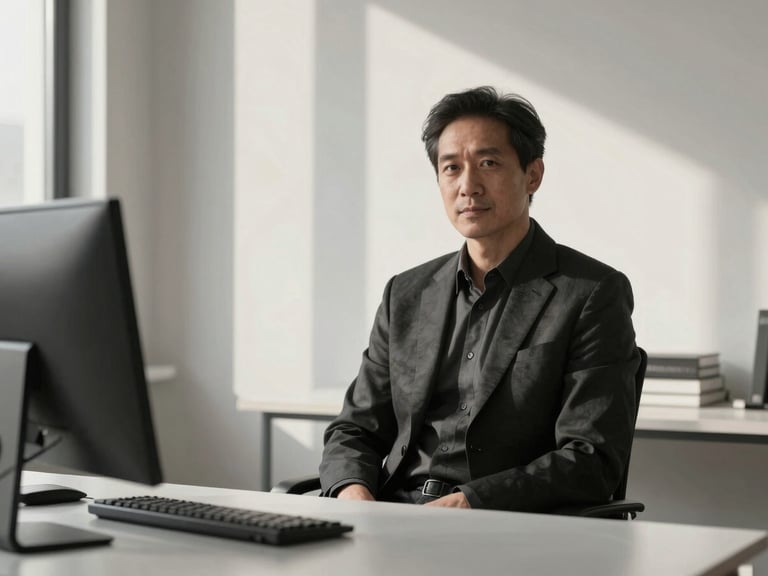 Sharp editorial portrait of a professional sitting in a minimalist architectural workspace, natural window light, high contrast charcoal tones, 50mm.