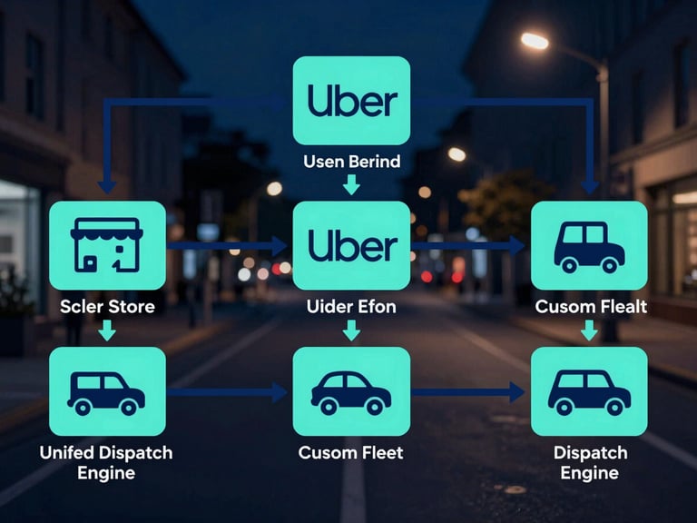 Sleek vector workflow diagram showing order flow from store to unified dispatch engine to Uber and custom fleet icons, electric cyan and deep navy lines