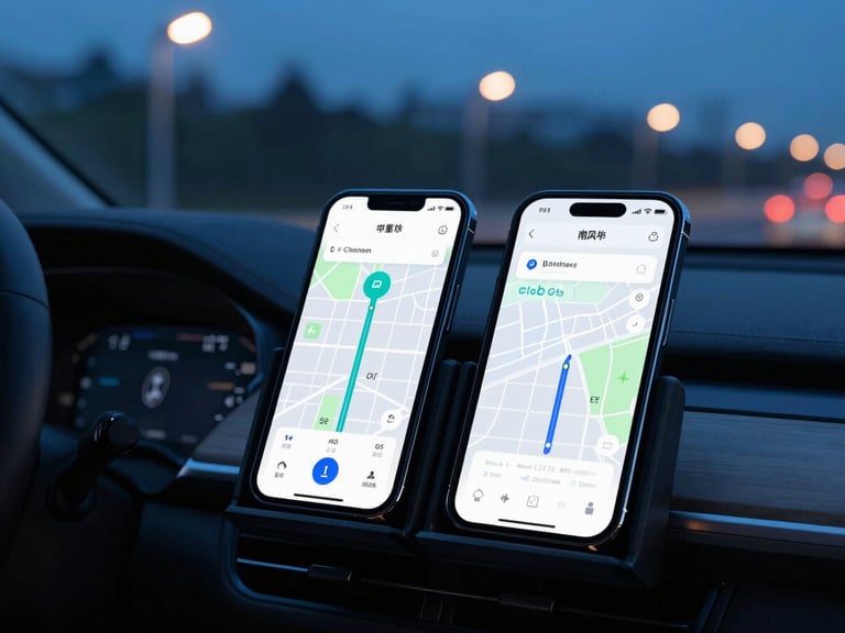 Close-up of a mobile driver app showing active GPS route on a map, mounted on a vehicle dashboard at dusk, cool blue and cyan lighting