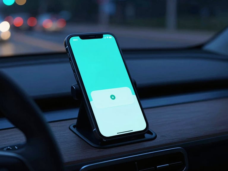 Close-up of a mobile driver app mounted on a dark vehicle dashboard, reflecting cool electric cyan and deep blue ambient streetlights, sharp focus, 35mm