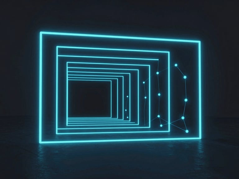 Minimalist architectural lines forming a secure tunnel, representing data routing, cool blue and teal neon lighting, high contrast.