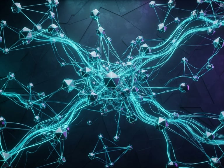 Sleek 3D render of interconnected geometric nodes representing a unified payment network, vibrant electric teal lines flowing between them, against a dark slate background with cool neon studio lighting.
