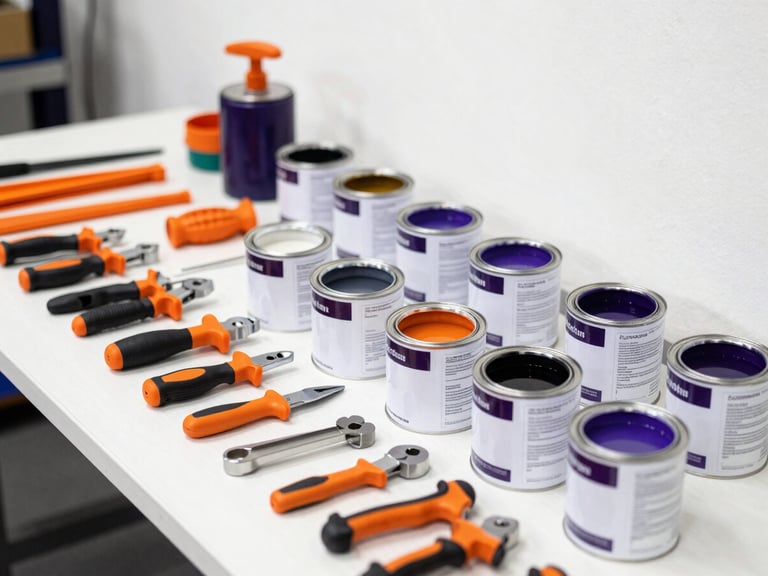 Assortment of industrial hardware tools and paint cans, organized on a clean workbench, bright workshop lighting, high contrast, eye-level shot.