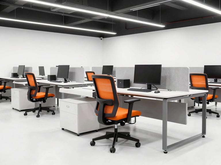 Modern office furniture in a clean, well-lit corporate setting, ergonomic chair, desk, and computer setup, high contrast, studio lighting, wide shot.