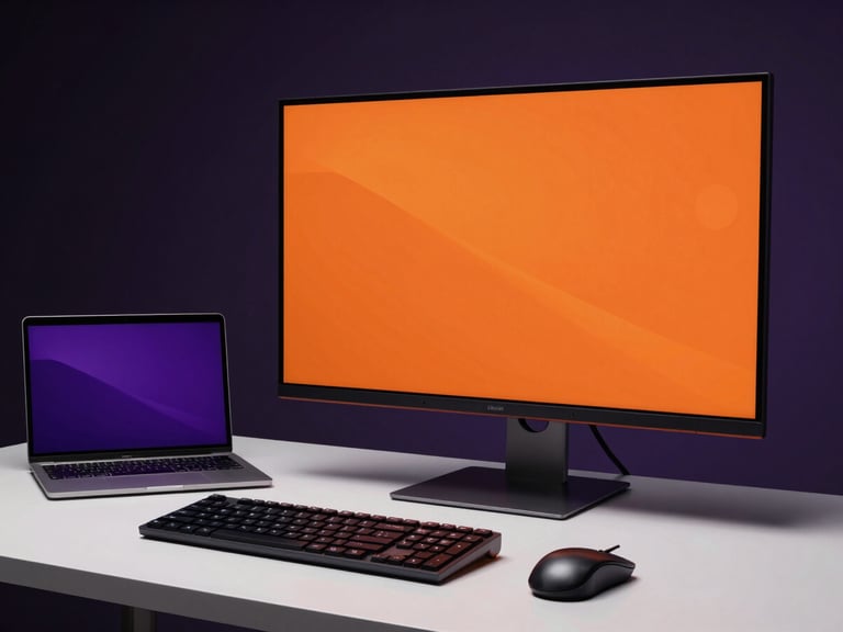 Clean modern computer workstation, laptop, monitor, keyboard, mouse, professional setup, studio lighting, high contrast, eye-level shot.