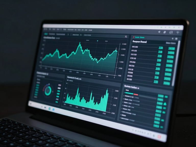 Sleek dark-mode financial terminal showing real-time data visualizations, sharp charts, and electric-teal telemetry feeds, cool low-key studio lighting.
