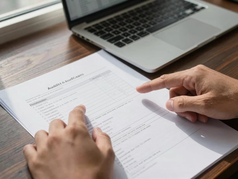 Extreme close-up of two hands pointing at printed audit findings spread across a dark wood table, a laptop open to a spreadsheet visible at the upper edge, north-facing daylight from a side window casting clean shadows, papers annotated in pen, no people visible beyond the wrists