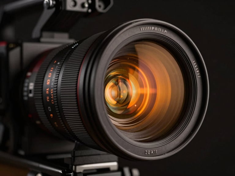 Tight dynamic macro shot of a high-end studio video camera lens reflecting warm orange neon lights in a dark production room.