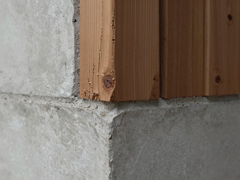 Extreme close-up of a sharp architectural joint where rough weathered cedar meets smooth board-formed concrete, soft overcast daylight.