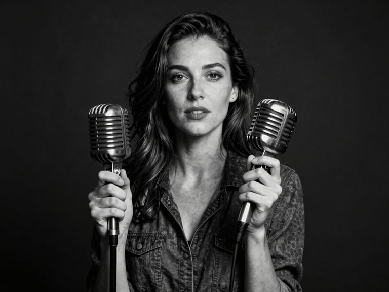 High-contrast black and white archival photo of Daría Ras holding a vintage microphone, harsh direct flash, dark background, unposed.