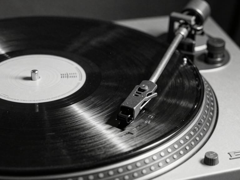 Extreme close-up of a spinning black vinyl record on a vintage analog turntable, harsh high-contrast black and white lighting, deep shadows, dust particles visible in the air