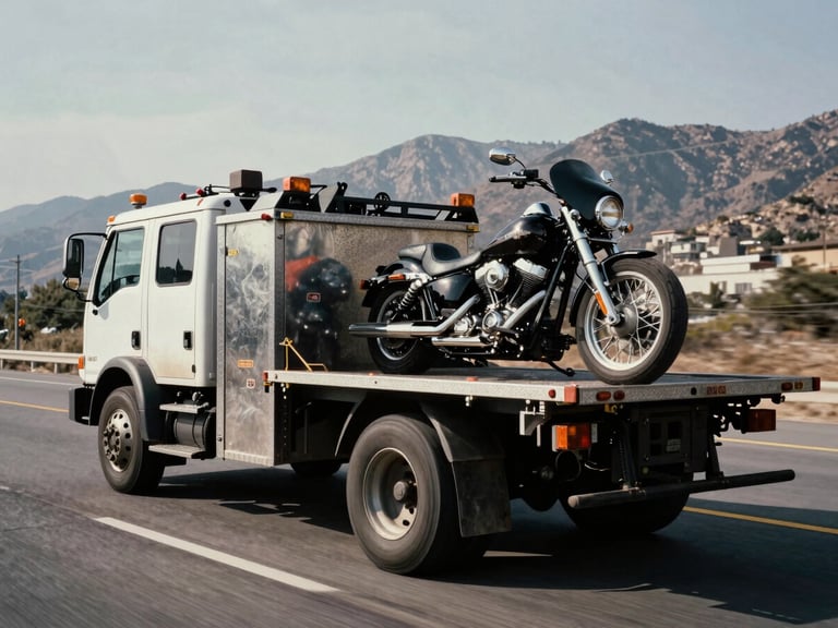 Shot of a heavy-duty service truck with a Harley-Davidson motorcycle loaded onto its bed, driving on a highway with mountains in the background, high-contrast, industrial, 35mm film style.