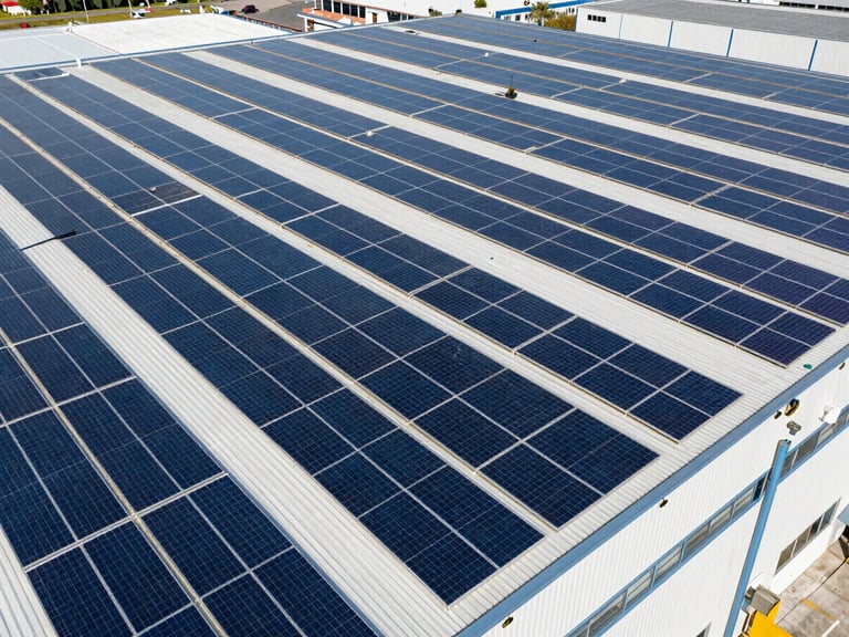 Wide-angle technical aerial view of a massive industrial warehouse roof covered in solar panels, bright daylight, high contrast blue and slate tones, sharp drone perspective