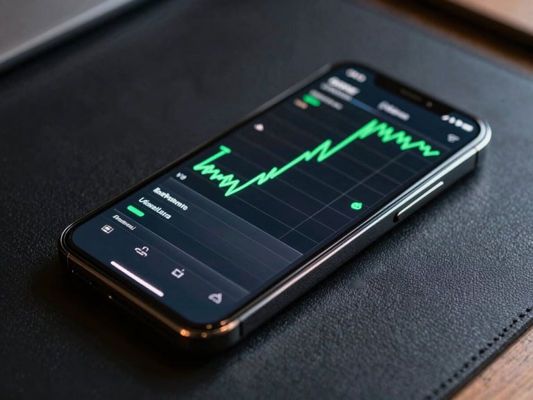 Close-up of a physical Galaxy Ultra phone resting on a dark desk, displaying a complex system trace graph with electric green lines, sharp side lighting.