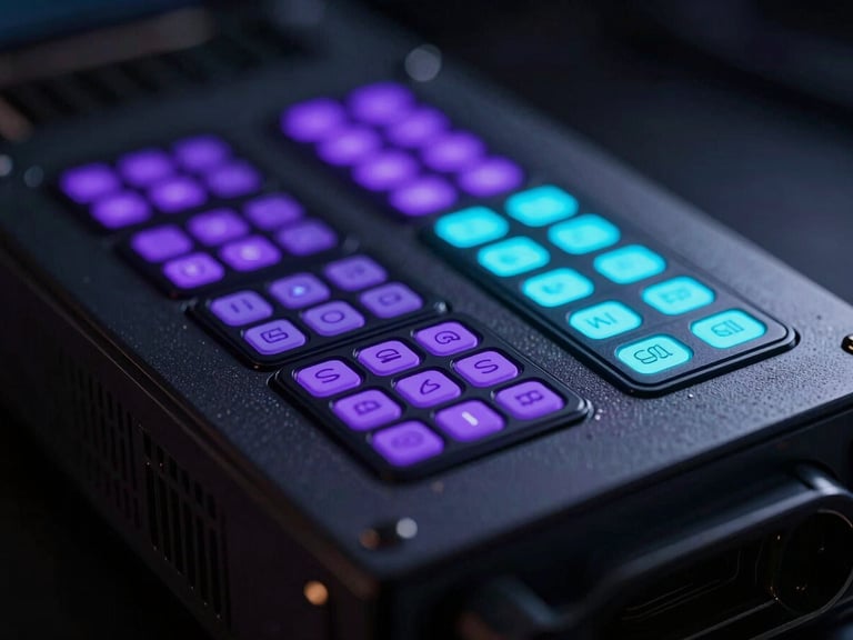Macro close-up of high-end forensic server hardware with glowing violet and neon cyan LED indicators, low-key dramatic backlighting, cyber-noir aesthetic.