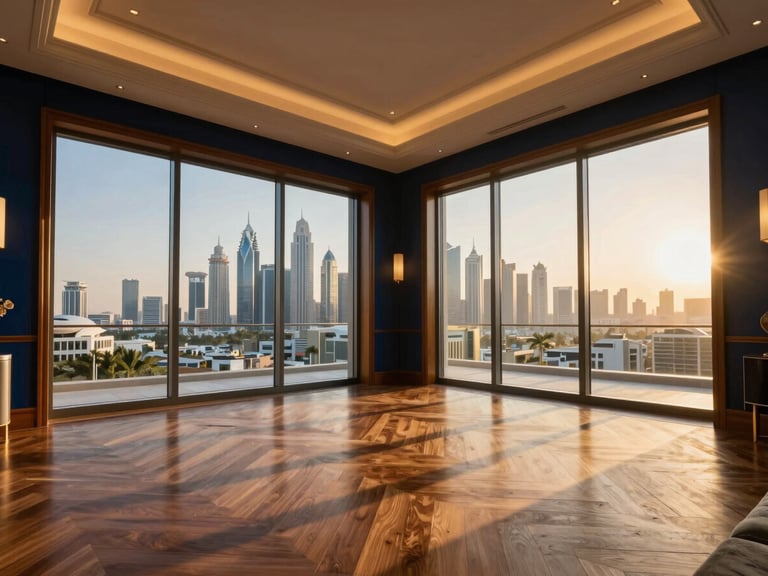 Wide-angle architectural shot of a luxury Dubai villa living room with floor-to-ceiling windows, overlooking the Downtown skyline, warm golden hour sun casting dramatic shadows on bespoke wooden flooring