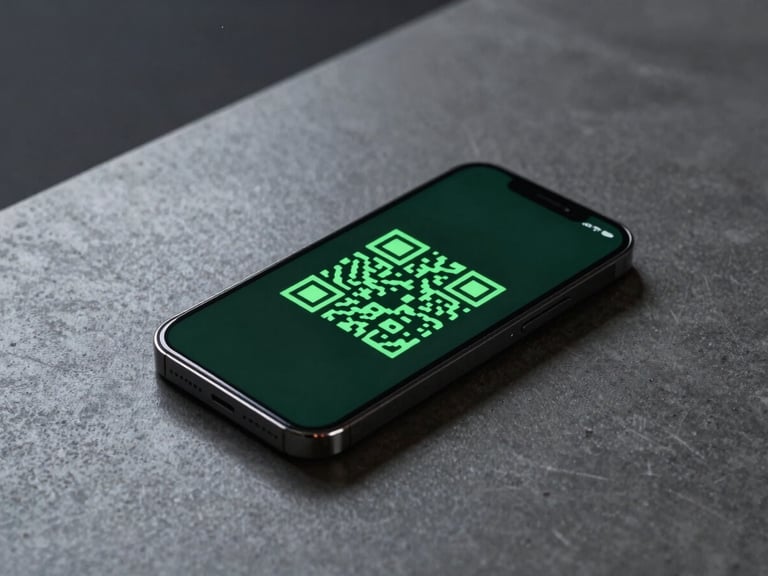 Sleek modern smartphone displaying a sharp green QR code on a dark interface, resting on a minimalist dark concrete desk, crisp shadows, cool-toned ambient light.