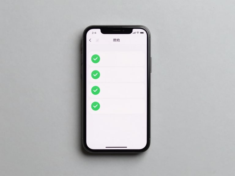 A top-down technical flat lay of a smartphone showing a diagnostic screen with green checkmarks, clean slate gray background, bright neutral studio lighting