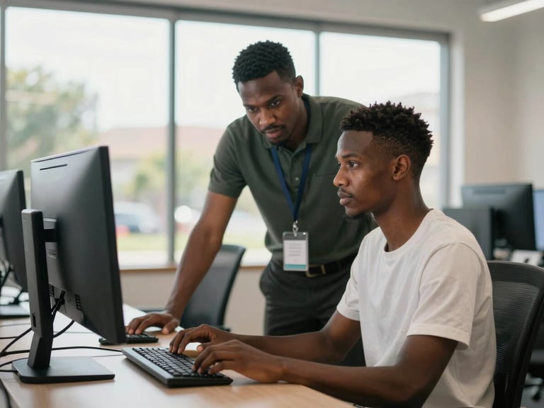 Medium shot of a professional training environment in Gaborone, a mentor guiding a candidate over a modern workstation, bright natural daylight, high contrast.