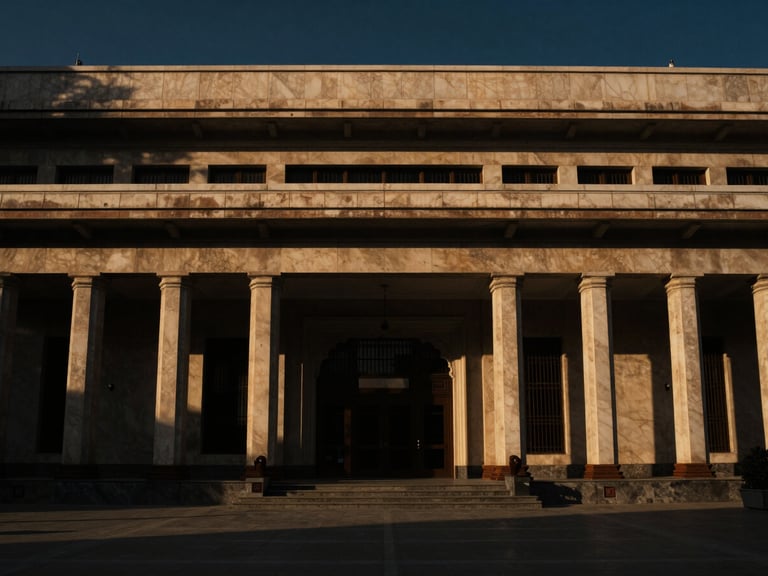 Symmetrical architectural view of the Supreme Court of Pakistan facade, low-key dramatic side-lighting, deep navy shadows and warm gold light, 50mm lens.