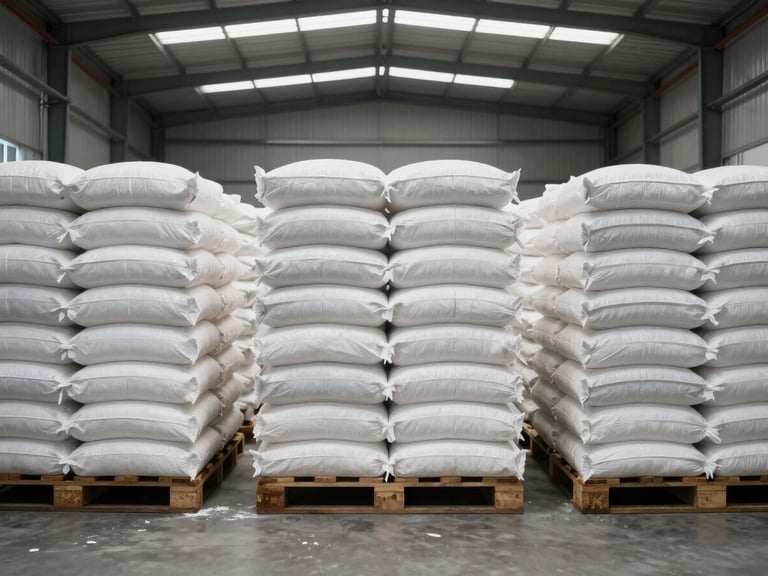 Wide view of a distribution warehouse interior, stacked white bleaching powder sacks in uniform rows on pallets, even fluorescent overhead lighting, concrete floor, no people, direct frontal framing showing inventory depth